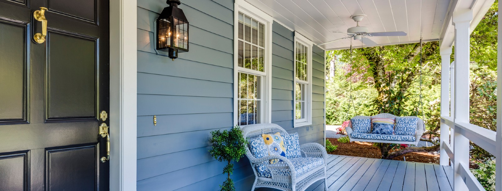 Front Porch with benches and porch swing